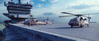Military helicopters Blackhawk take off from an aircraft carrier at clear day in the endless blue sea. 3D Rendering